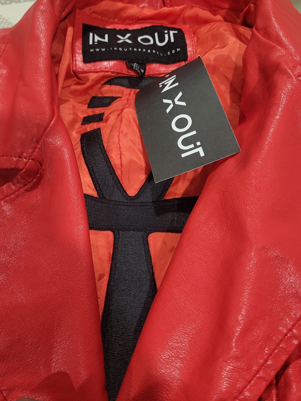 IN X OUT, Ankh Galaxy Cropped Red Faux Leather Biker Jacket